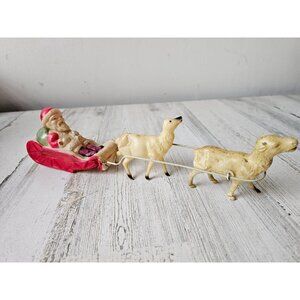 Antique Japan celluloid Santa reindeer plastic as is display sleigh